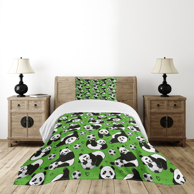 Funny Panda Hearts Stars Bedspread Set