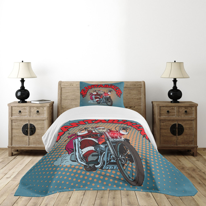 Pop Art Retro Biker Santa Bedspread Set