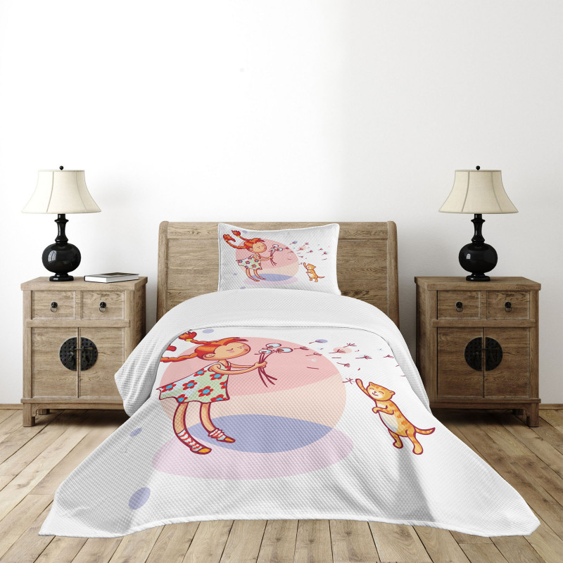 Cartoon Girl and Cat Bedspread Set