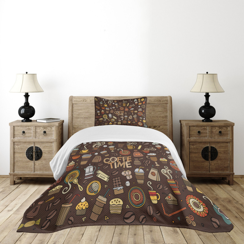 Hand Drawn Doodle Coffee Bedspread Set