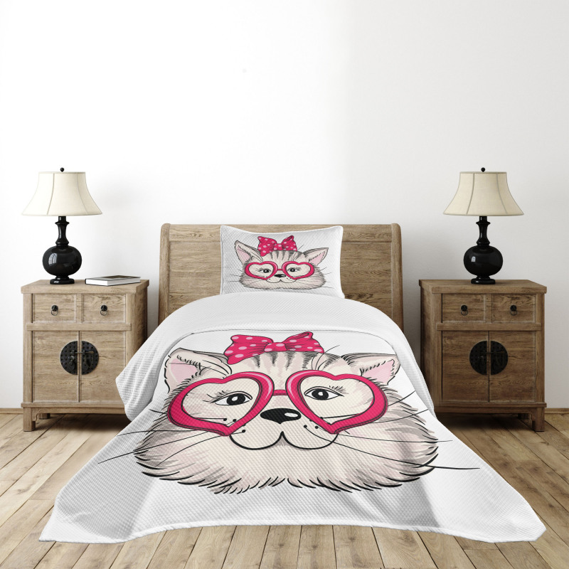 Heart Shape Glasses Bow Bedspread Set