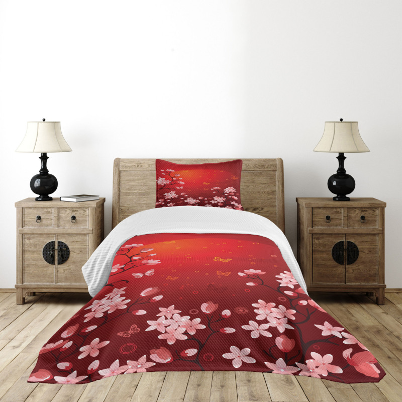 Abstract Sunset and Sakura Bedspread Set