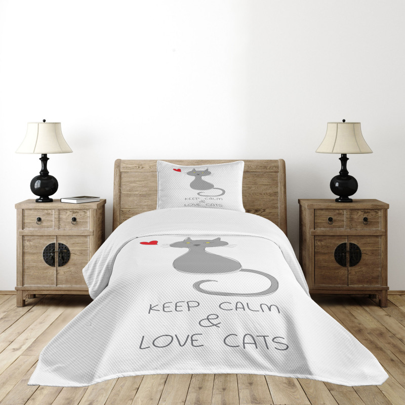 Grey Cat Red Heart Bedspread Set