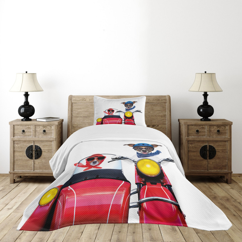 Funny Canine on Bike Bedspread Set