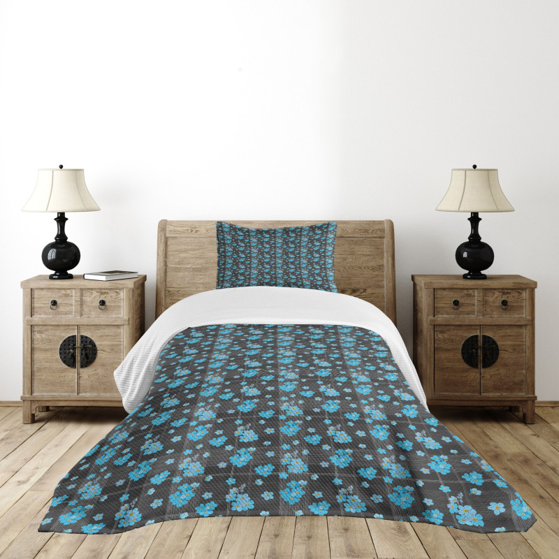Blue Blossoms on Grid Bedspread Set