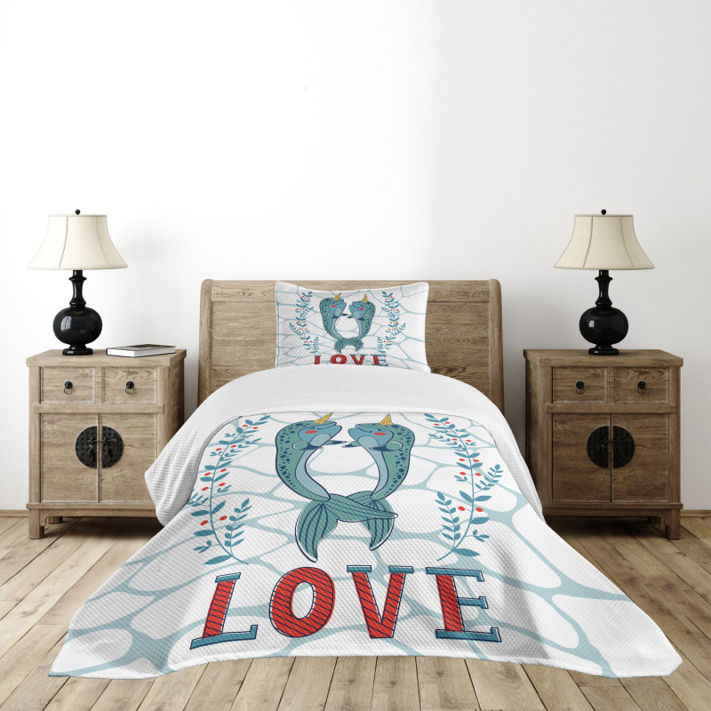 Whales in Love Design Bedspread Set