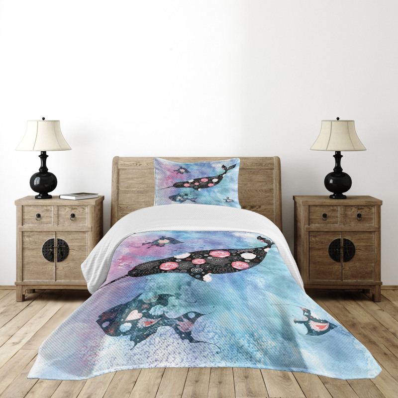 Floral Whale and Fish Bedspread Set