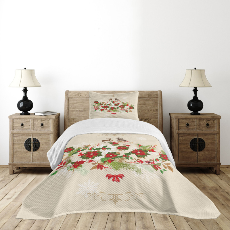 Flower Reindeer Motif Bedspread Set