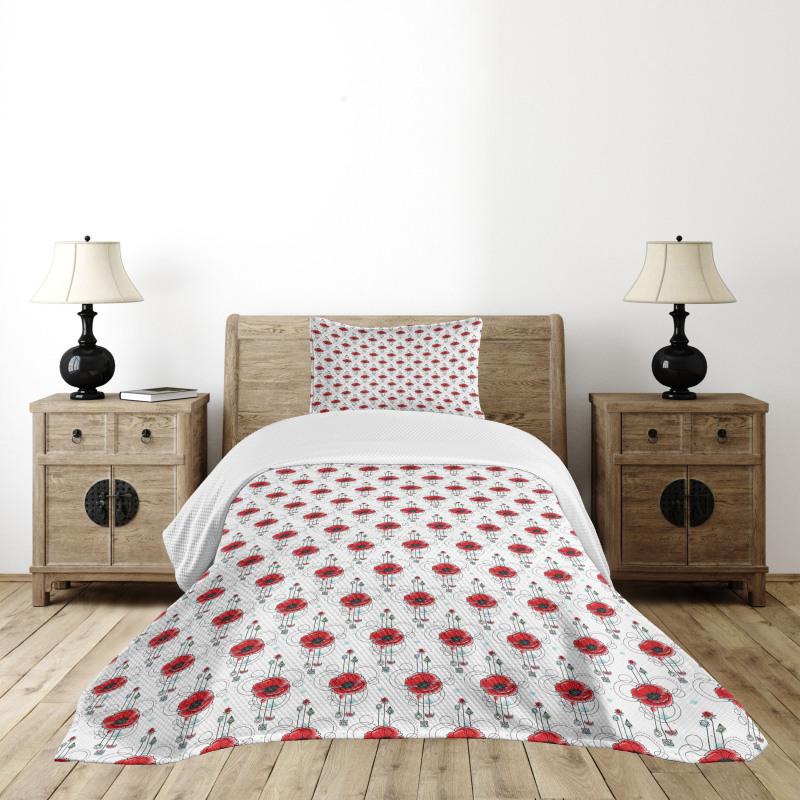 Red Poppy Geometrical Bedspread Set