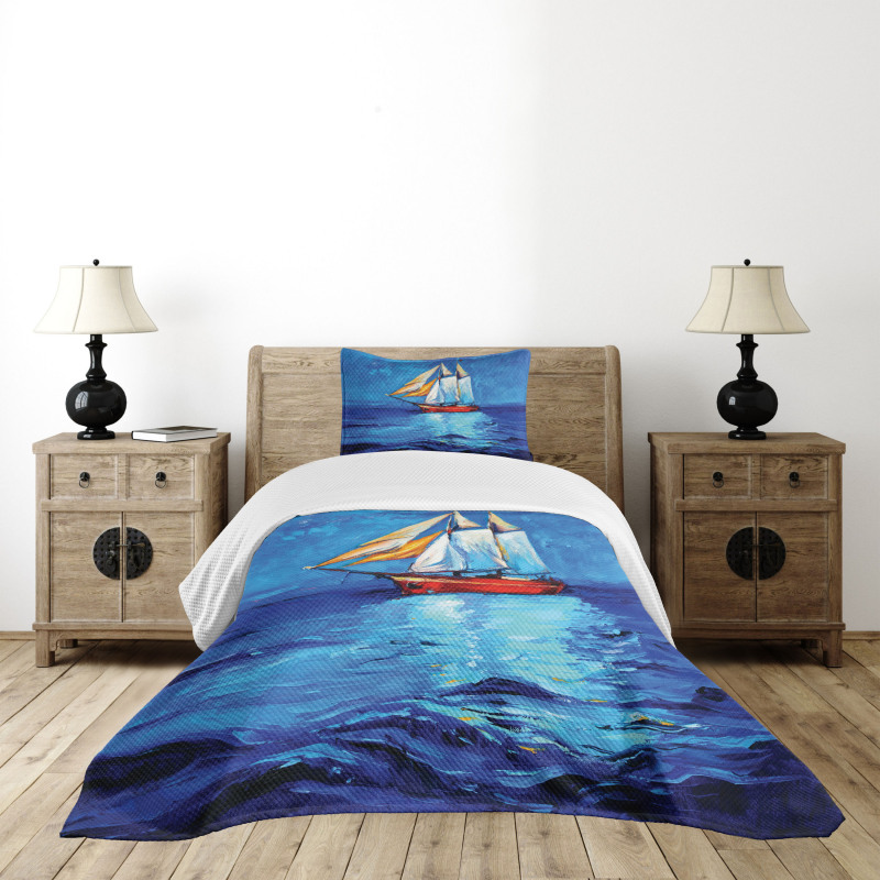 Oil Paint Style Sailship Bedspread Set