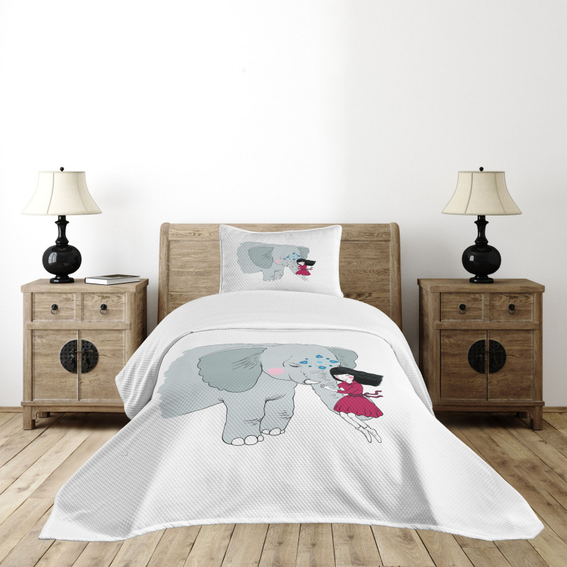 Girl on Trunk of Elephant Bedspread Set