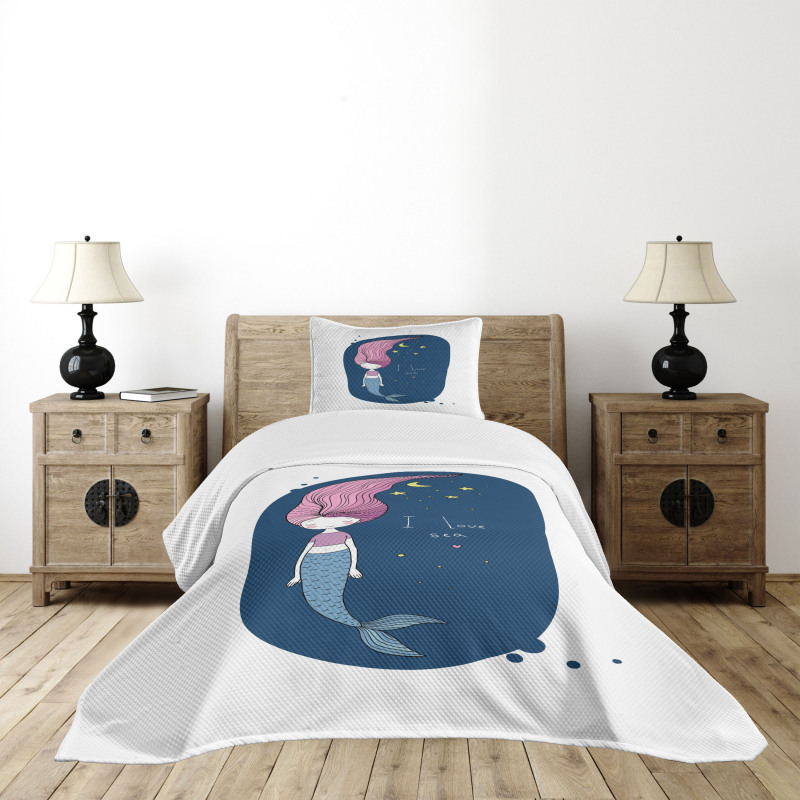 I Love Sea Cartoon Girl Bedspread Set