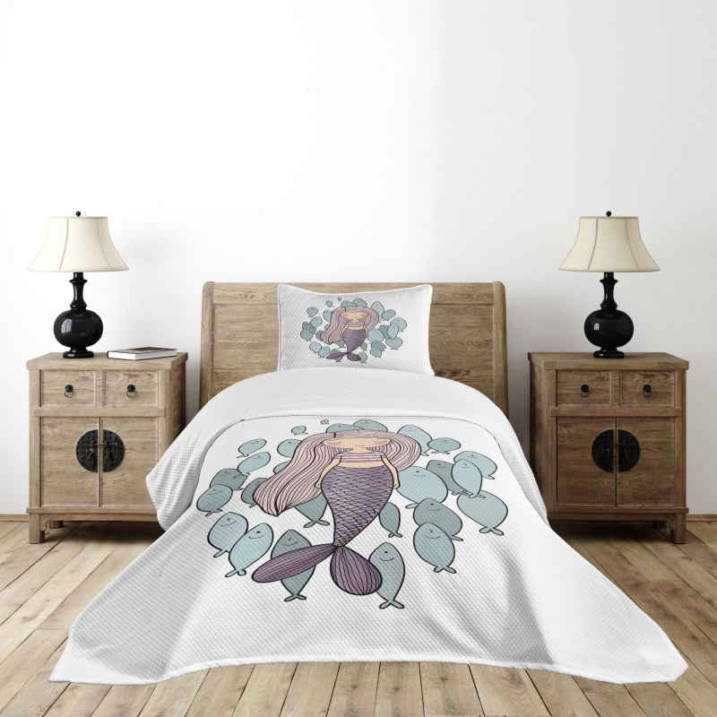 Cartoon Girl with Fish Bedspread Set