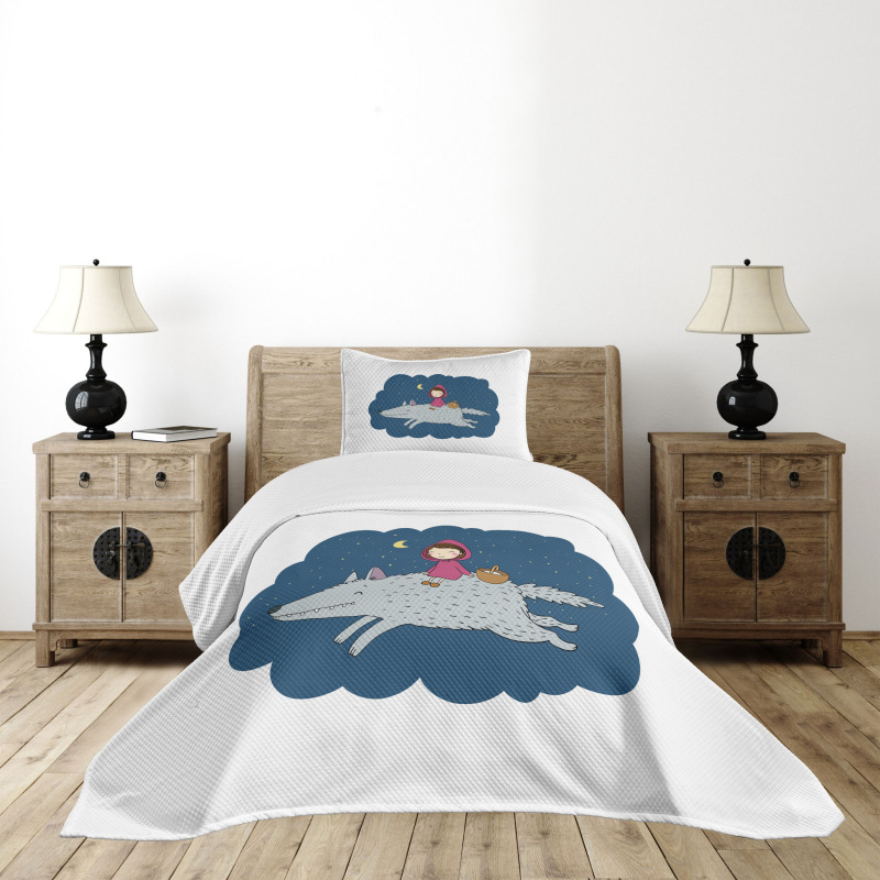 Cartoon Girl on Giant Wolf Bedspread Set