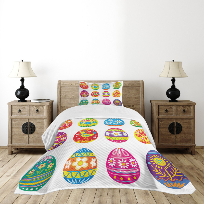 Colorful Eggs Flowers Bedspread Set