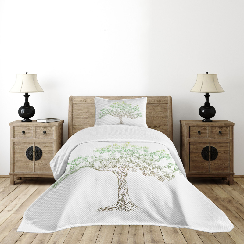 Doodle Style Oak Foliage Bedspread Set