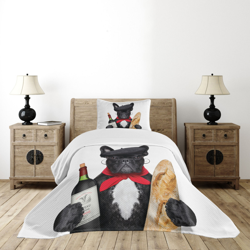 French Dog Red Wine Bedspread Set