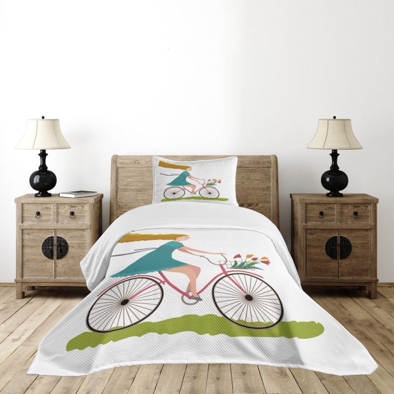 Woman on Bike Tulips Bedspread Set