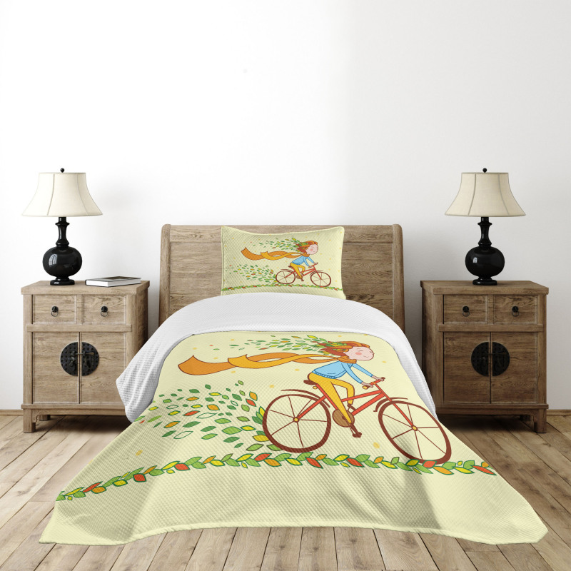 Girl Bike Autumn Leaves Bedspread Set