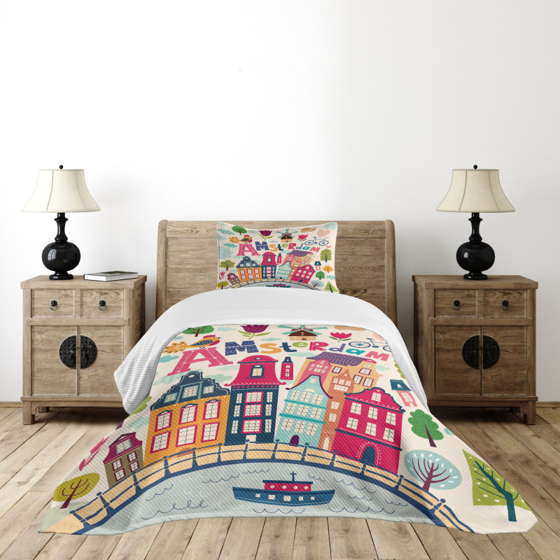 Cartoon Amsterdam Houses Bedspread Set