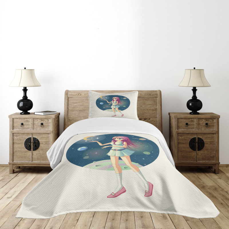 Girl with Stars in Space Bedspread Set