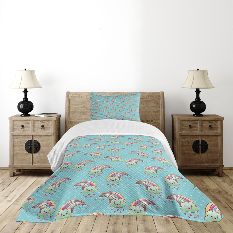 Rainbow Clouds Hearts Bedspread Set