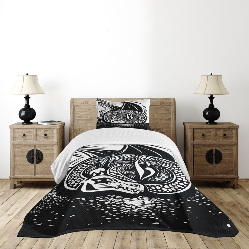 Curled up Dragon Sketch Bedspread Set