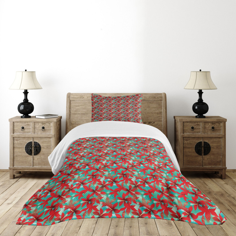 Red Hibiscus Flowers Bedspread Set