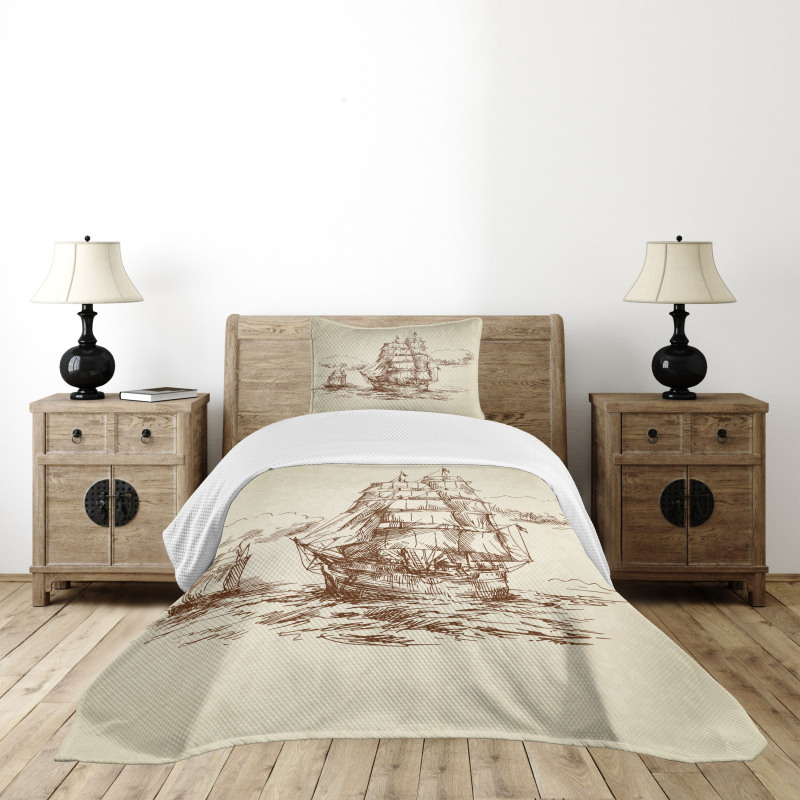 Old Ship Sketch Bedspread Set