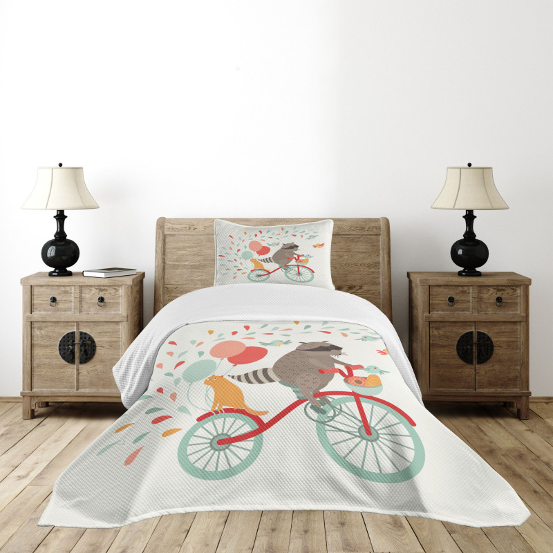 Raccoon on Bicycle Bedspread Set