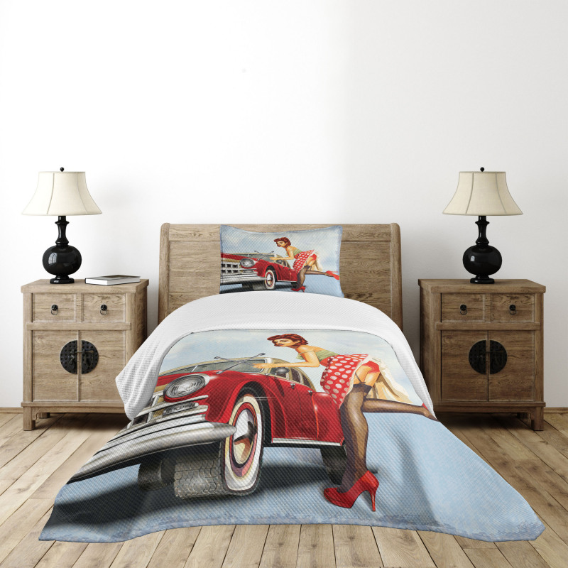 Lady Fixing the Car Bedspread Set
