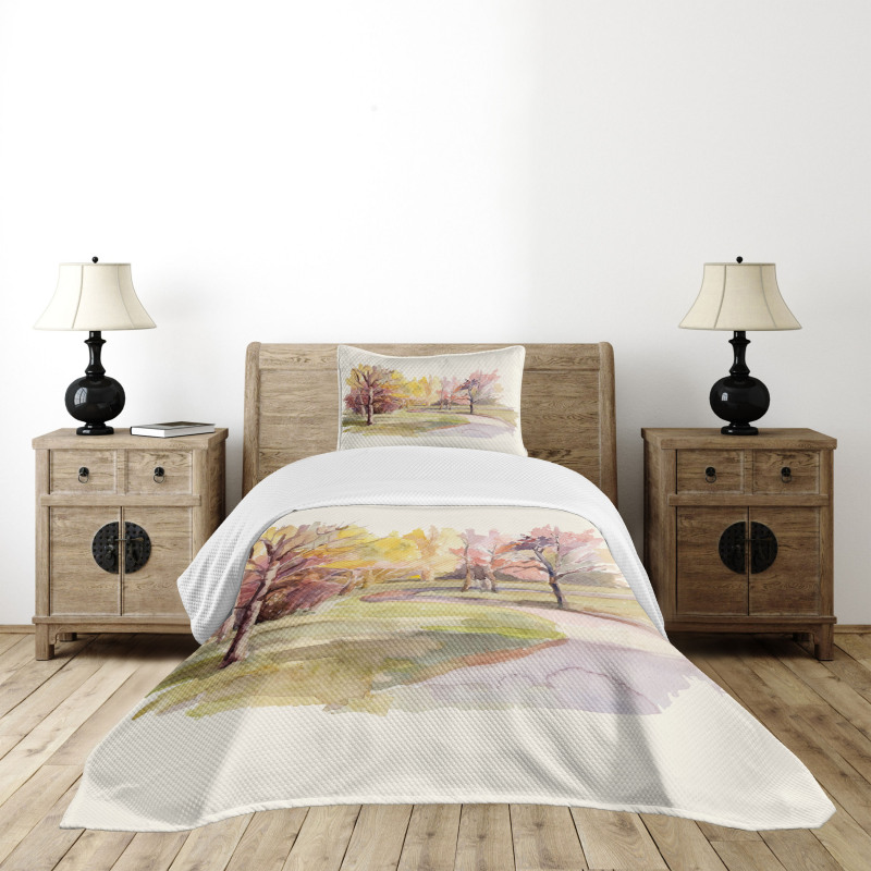 Watercolor Trees and Road Bedspread Set