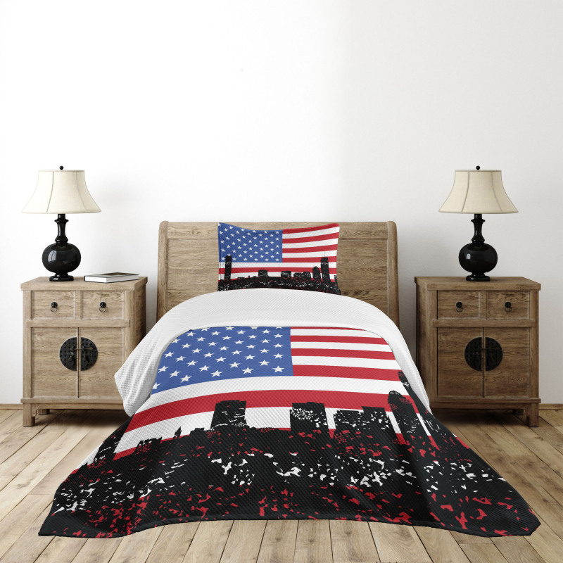 Skyline and US Flag Bedspread Set