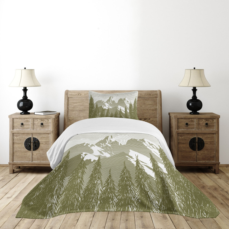 Woodcut Style Mountain Land Bedspread Set