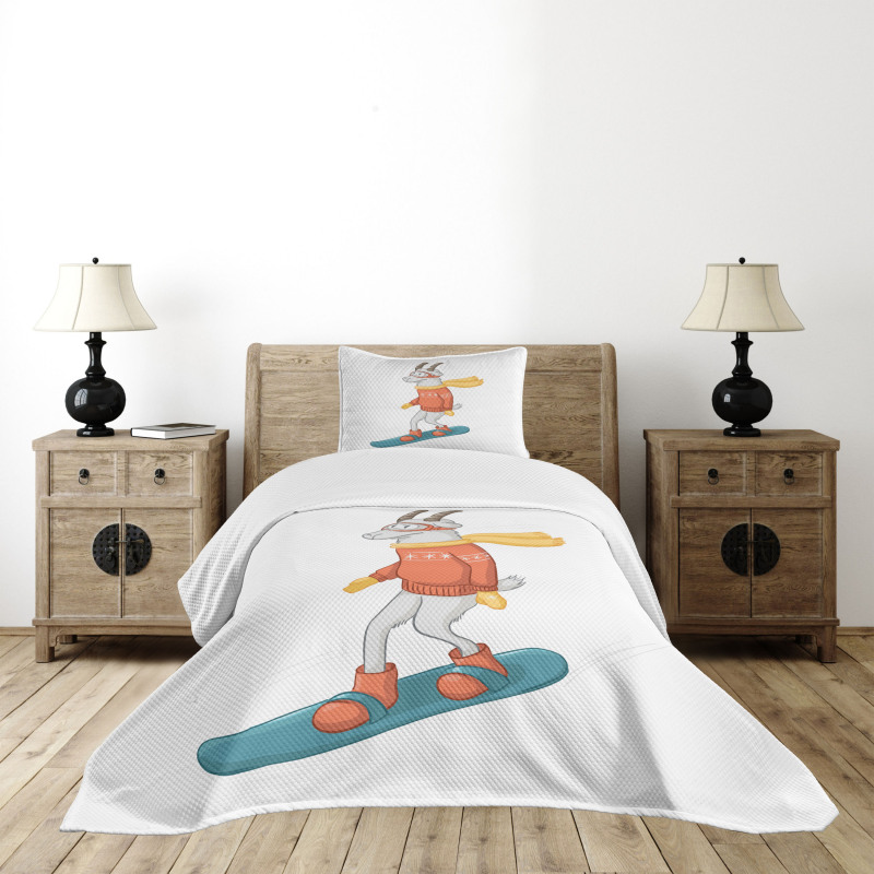 Cartoon Goat Snowboarding Bedspread Set