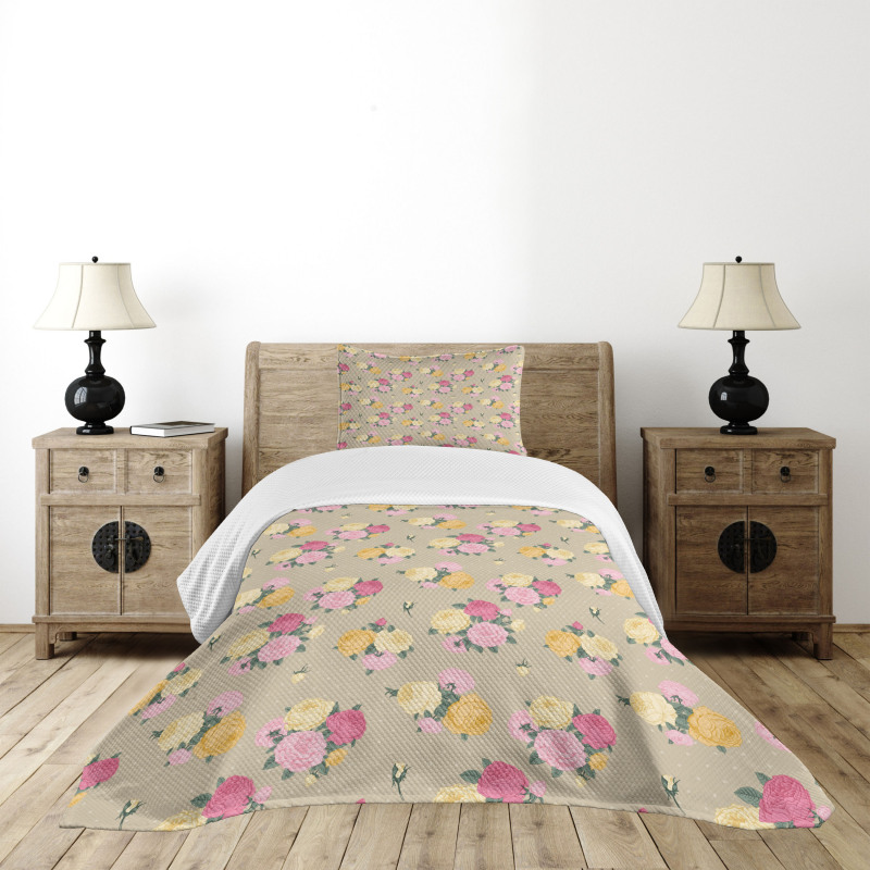 Vintage Rose Bunches Dots Bedspread Set