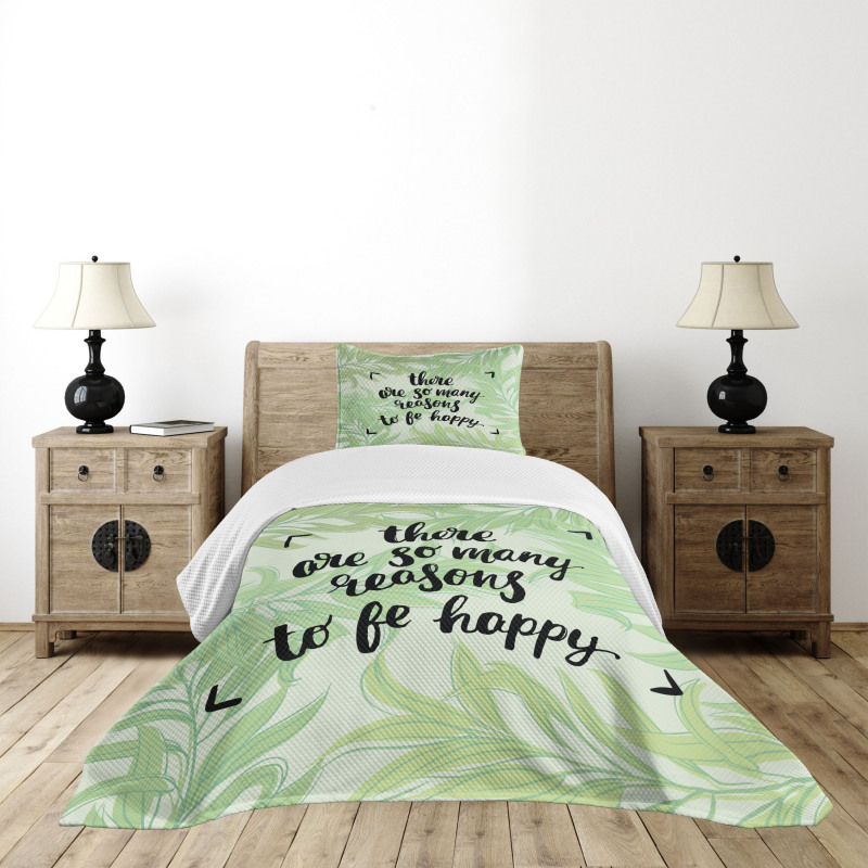 Green Leafy Branches Words Bedspread Set