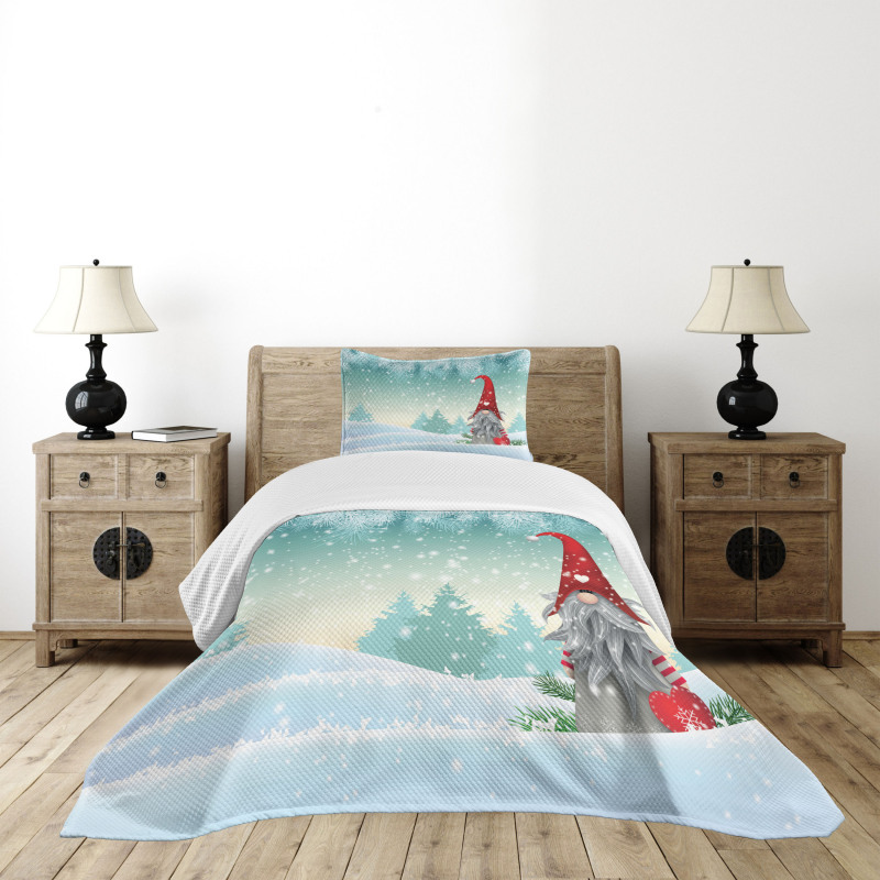 Elf Tomte Standing on Snow Bedspread Set