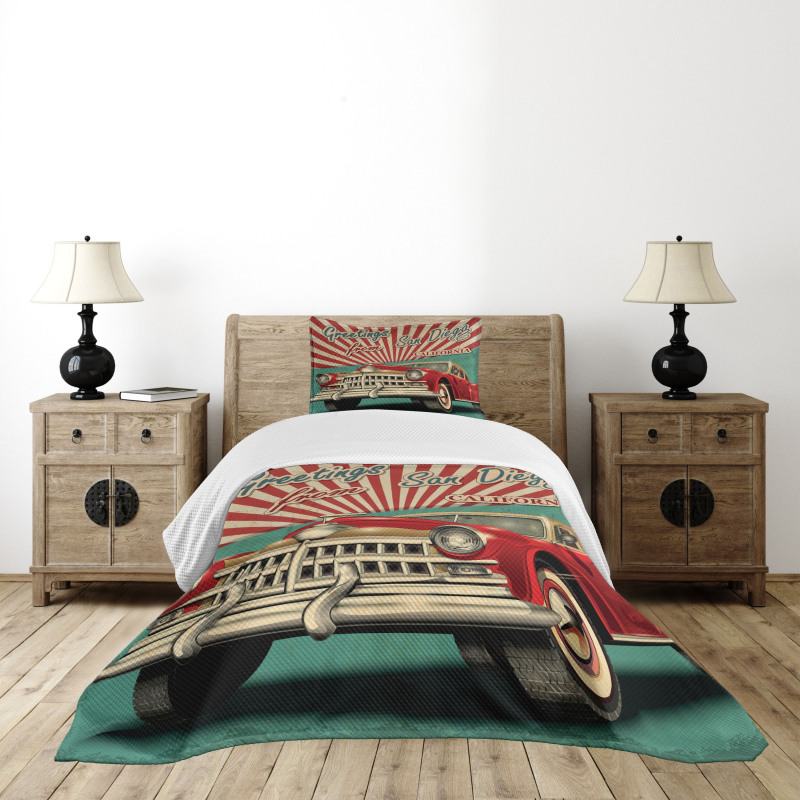 Greetings Words Retro Car Bedspread Set