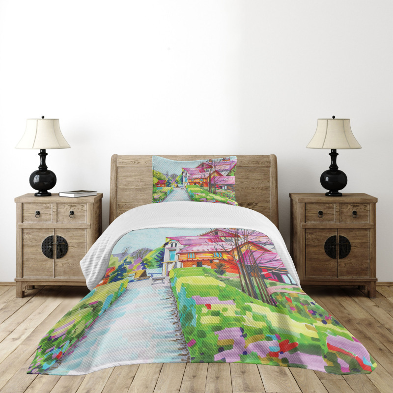 Rural Old Village Houses Bedspread Set