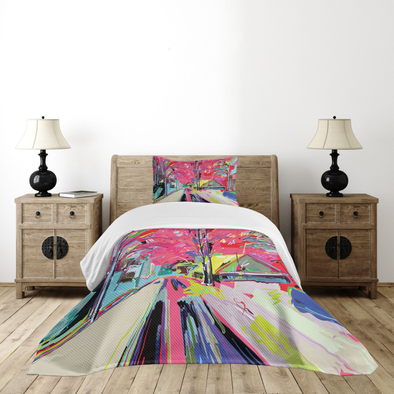 Funky Streets Sketch Trees Bedspread Set