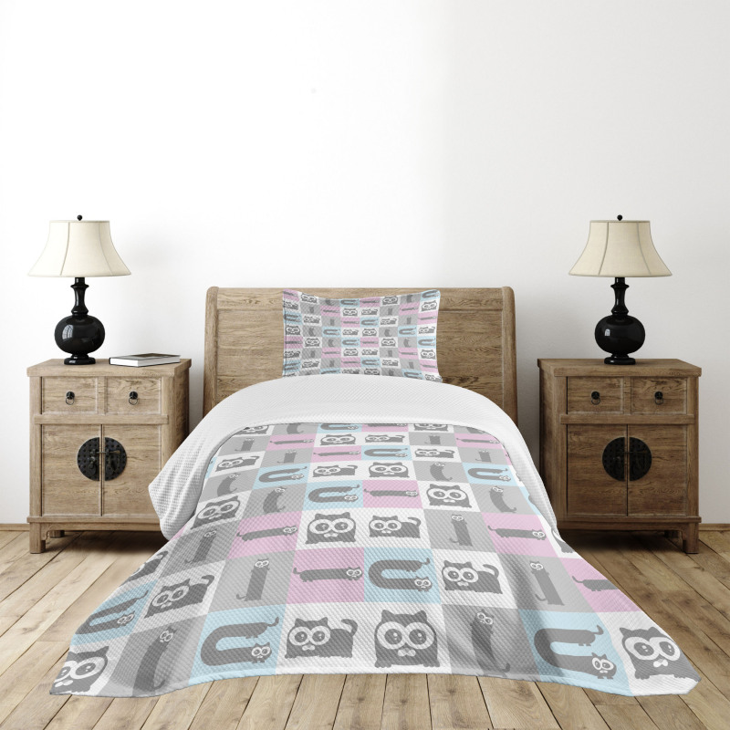 Pastel Checkered Funny Animal Bedspread Set