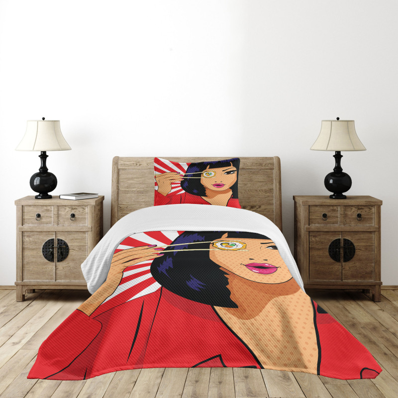 Pop Art Style Girl with Sushi Bedspread Set