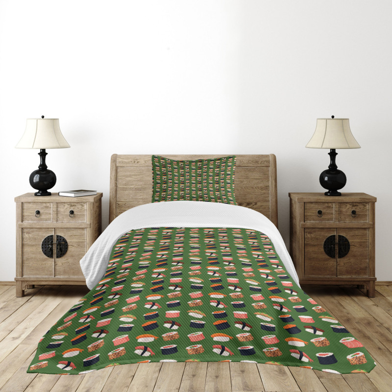 Seafood Rolls on Green Shade Bedspread Set