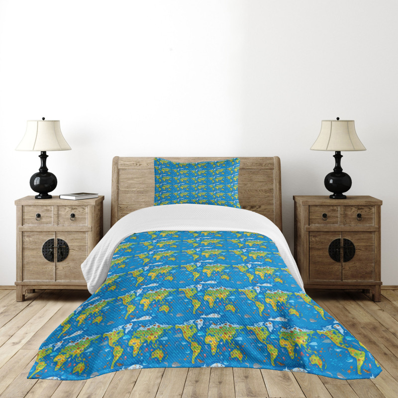 World Map in Green Shades Bedspread Set