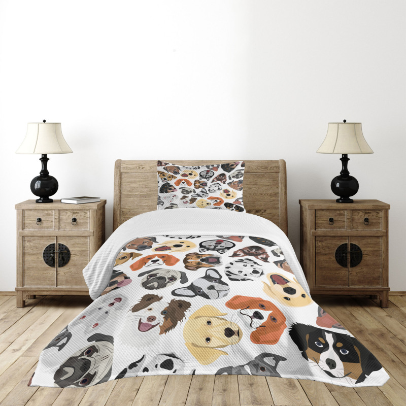 Faces of Various Dog Breeds Bedspread Set