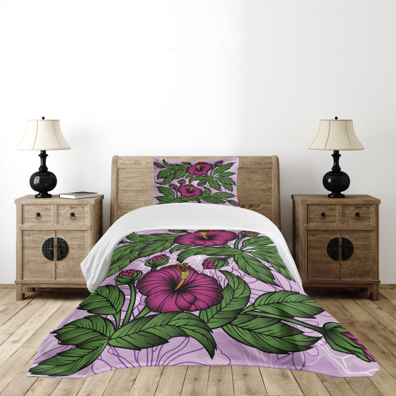 Hibiscus Blossoms Pattern Bedspread Set