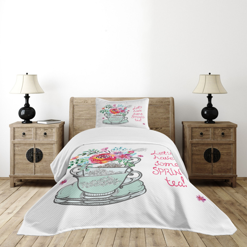 Lets Have Some Spring Tea Text Bedspread Set