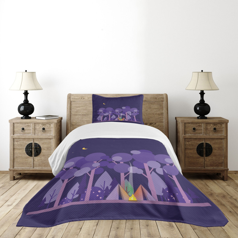 Night at Campsite Scene Bedspread Set