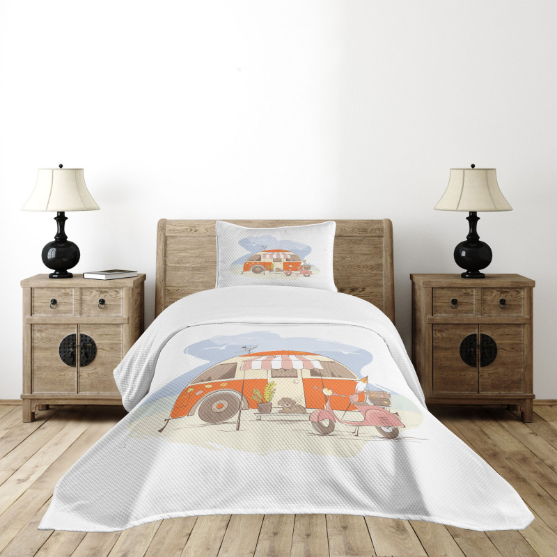 Parked Truck Puppy and Motorbike Bedspread Set